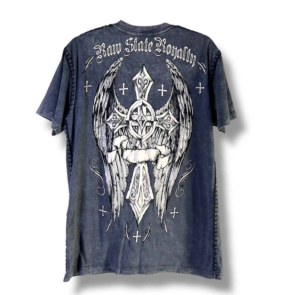 Raw State Premium Mens Sz Large Royalty Graphic T-Shirt V-Neck Y2K Cross Wings - Picture 2 of 11